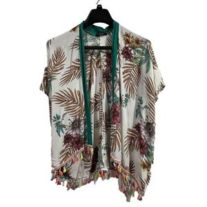 SHEIN Women's  Beach Tropical Print tasseled hem‎ kimono Cover up SZ S
